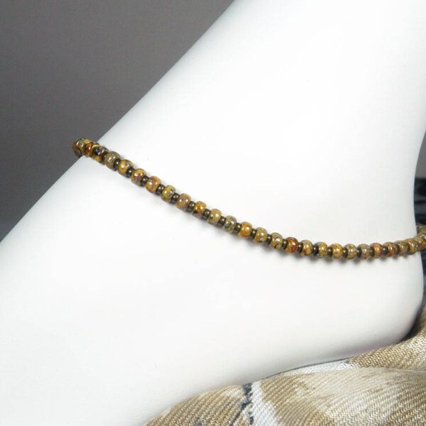 Brown Seed Bead Anklet - Beaded Ankle Bracelet - Antique Gold - Summer Jewelry - 8" - 13"