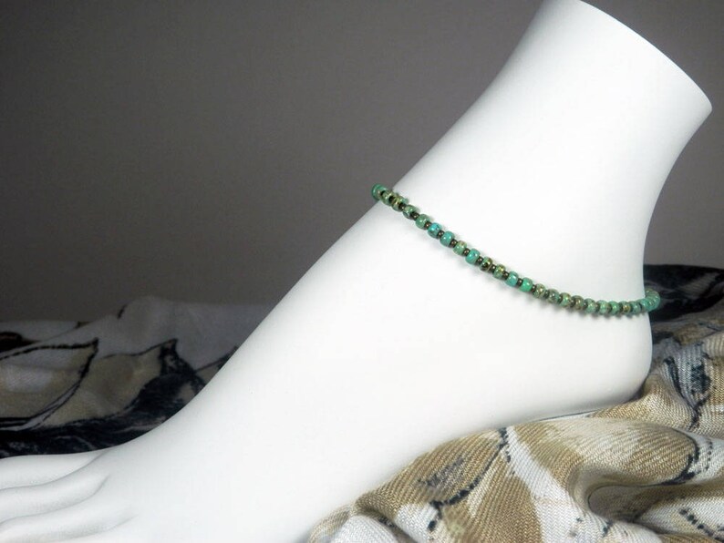 Turquoise Seed Bead Anklet, Green Turquoise Bracelet, Green and Brown Anklet, Girls Size, Plus Size, 8 to 13 inches image 4
