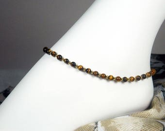 Bracelet de cheville en pierres précieuses en œil de tigre avec accents remplis d'or 14 carats, bracelet de cheville marron et or, taille filles - grande taille, 8" à 13"
