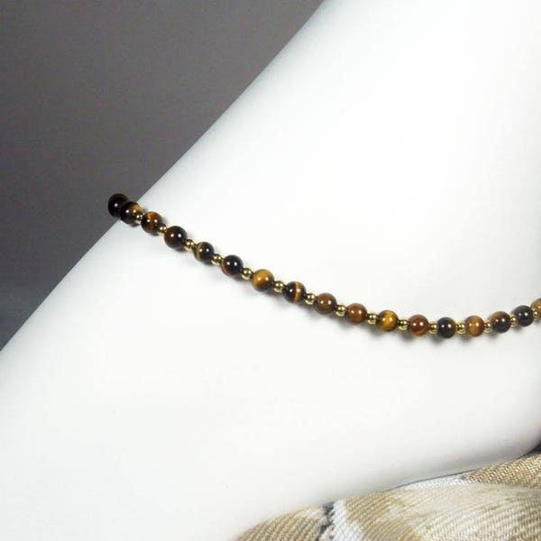 Tiger Eye Gemstone Ankle Bracelet with 14K Gold-filled Accents, Brown and Gold Anklet, Girls Size - Plus Size, 8" to 13"