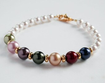 Mothers Pearl Bracelet with 14K Gold Filled Accents - Swarovski Family Birthstone Bracelet  - Mother's Jewelry - Contemporary Style