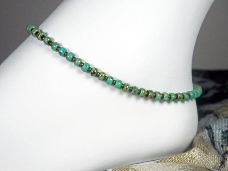 Turquoise Seed Bead Anklet, Green Turquoise Bracelet, Green and Brown Anklet, Girls Size, Plus Size, 8 to 13 inches image 2