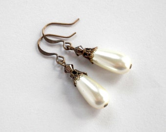 Pearl Teardrop Earrings, Cream and Brown, Pearl and Crystal Drop Earrings, Ivory Pearl Dangles, Antique Brass Filigree