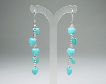 Turquoise Heart Dangle Earrings - Dainty Hearts on Silver Chain - Three Inches Long - Sterling Ear Wire