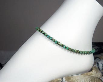 Turquoise Seed Bead Anklet, Green Turquoise Bracelet, Green and Brown Anklet, Girls Size, Plus Size, 8 to 13 inches