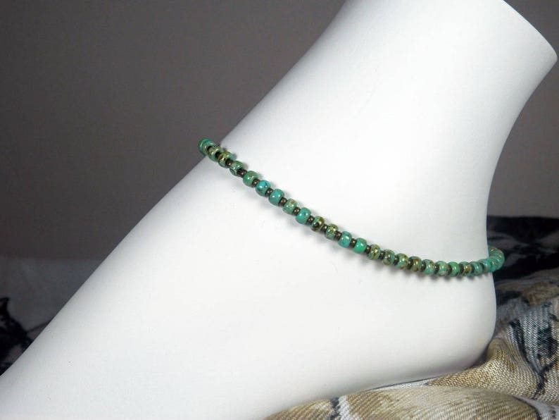 Turquoise Seed Bead Anklet, Green Turquoise Bracelet, Green and Brown Anklet, Girls Size, Plus Size, 8 to 13 inches image 1