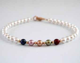 Bracelet pour mère en perles fines avec détails en or 14 carats - Petite pierre de naissance en cristal - Cadeau pour les mamans