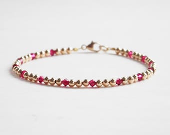 Bracelet en or 14 carats avec pierres de naissance et perles de cristal Swarovski - Bracelet délicat empilable - Cadeau d'anniversaire