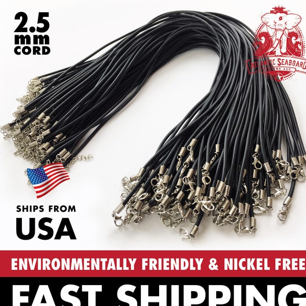 50/100 pcs. Nickel Free, Environmentally Safe Black Rubber Cord Necklaces 2.5 mm Thick Adjustable 17"-18"