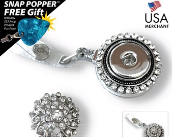 Rhinestone Border Snap Button Badge Reel, Retractable ID Holder, Snap Clip on Lanyard --fits 18-20 mm Snap Buttons