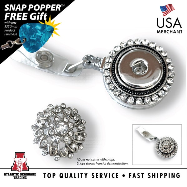 Rhinestone Border Snap Button Badge Reel, Retractable ID Holder, Snap Clip on Lanyard --fits 18-20 mm Snap Buttons