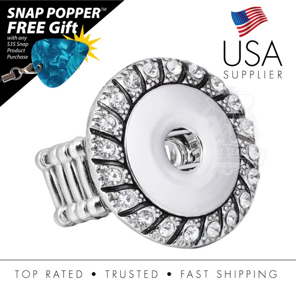 Snap Button Adjustable Stretchy Ring Swirl Pattern Rhinestones inset - Fits 18-20mm Ginger snaps, Noosa, Magnolia & Vine Interchangeable