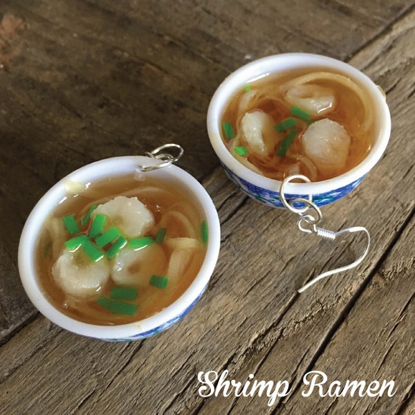 Japanese Food Charm Resin Bowl of Ramen Dangle Hook Style Earrings Shrimp Ramen