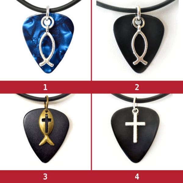 Christian Fish & Cross Symbol Charm Guitar Pick Necklace--Various Colors, Design