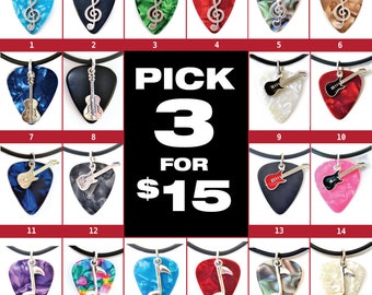 Guitar Pick Necklaces -Various Designs-Pick 3 for 15 dollars