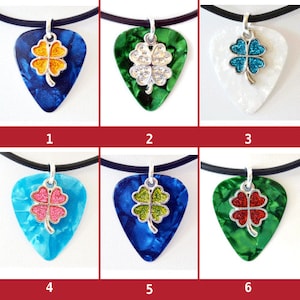 Good Luck Clover Symbol Charm Guitar Pick Necklace -- Various Colors