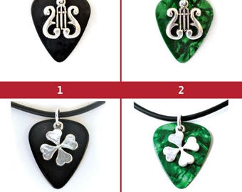 Lucky Clover & Harp Symbol Charm Guitar Pick Necklace--Various Colors, Design