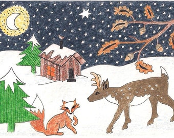 My little log cabin and friends-christmas card-card Christmas card-fox Christmas card- woodland Christmas card-card-christmasgreetings card