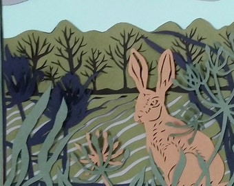 Spring Hare Papercut - Diorama - Gift for Hare Lovers - Hare art - Paper Art - Children's art - Animal lovers gift - Multi layered papercut