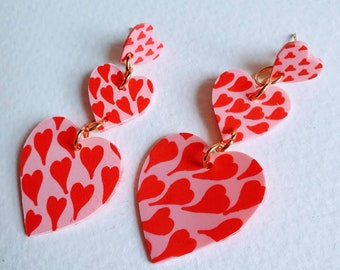 Pink and Red Triple Heart earrings - Pink and Red Heart dangle earrings