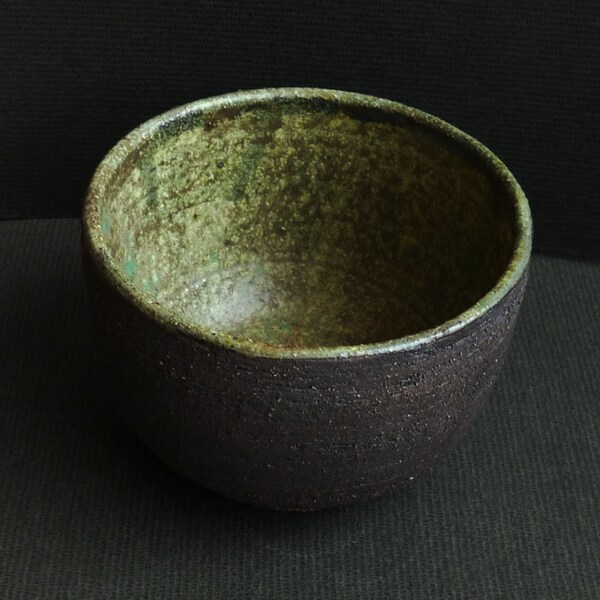 Rustic Pottery Bowl. Matte green glaze with speckles. Raw Green, Black, Brown Bowl. Salad Bowl.