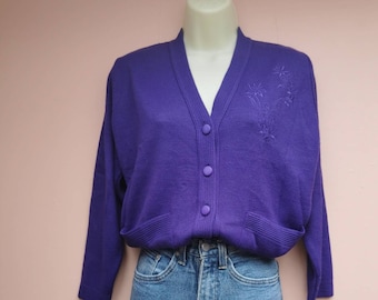 1970s VINTAGE deep purple cardigan with floral embroidery and pockets 10