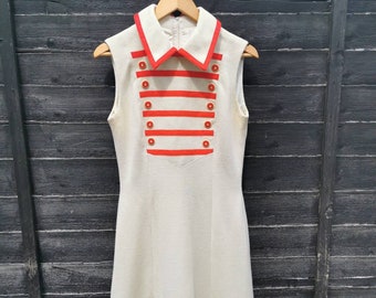 Vintage 1960s Wool Sleeveless Midi Dress Sgt Pepper Military Style White cream Red Ribbon Trim A line Shift  UK size 10