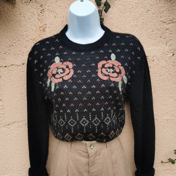 Vintage 1980s Black, Sage Green, Dusky Rose Pink Patterned Fairisle Jumper Size Small UK 8-10