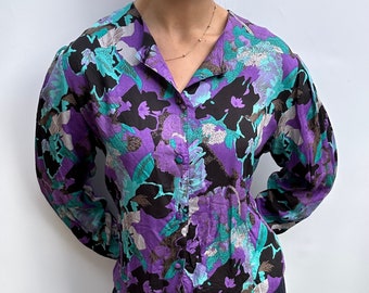 Vintage 1980s  Floral Print Black Purple and Green Blouse