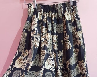 Vintage 1990s Floral Rose Lace Print Paisley High Waisted Culottes Shorts Skirt Skort Brown Grey Black Small 8-10