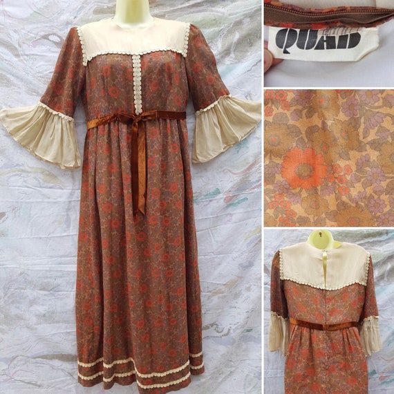 Amazing 1960s/1970s Maxi Dress Quad Brown ditsy Fl
