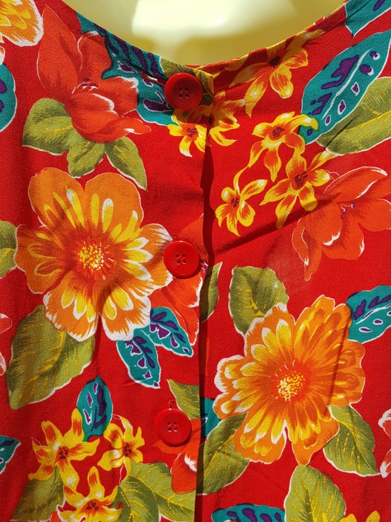 Vintage 1980s 1990s Floral Print Red Dress Button… - image 7