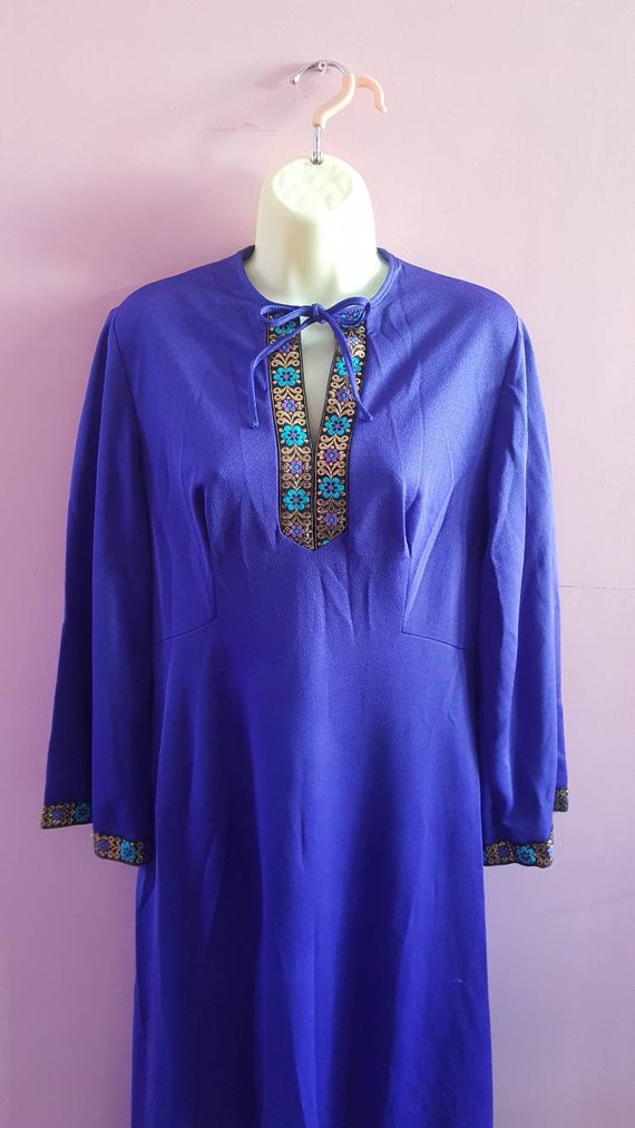 Vintage 1970s Royal Blue Purple Maxi Dress Kaftan… - image 4