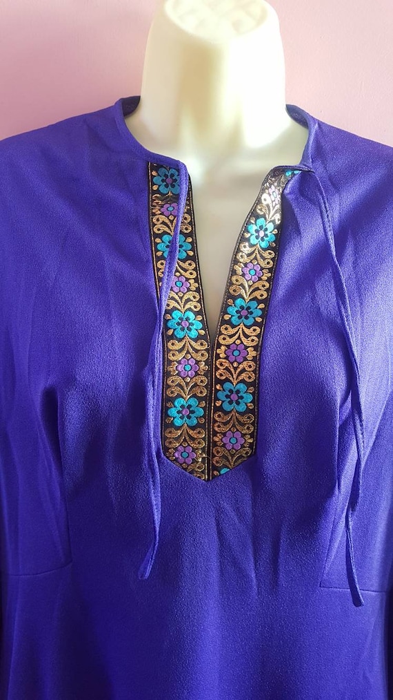 Vintage 1970s Royal Blue Purple Maxi Dress Kaftan… - image 9