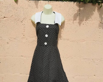 Vintage 1980s black and white polka dot print halterneck dress with white collar, 50s style size 10-12