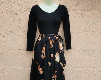 1970s 80s VINTAGE summer St Michael wrap midi skirt with matching belt and gorgeous black based blush coral orange  floral print size 10-12