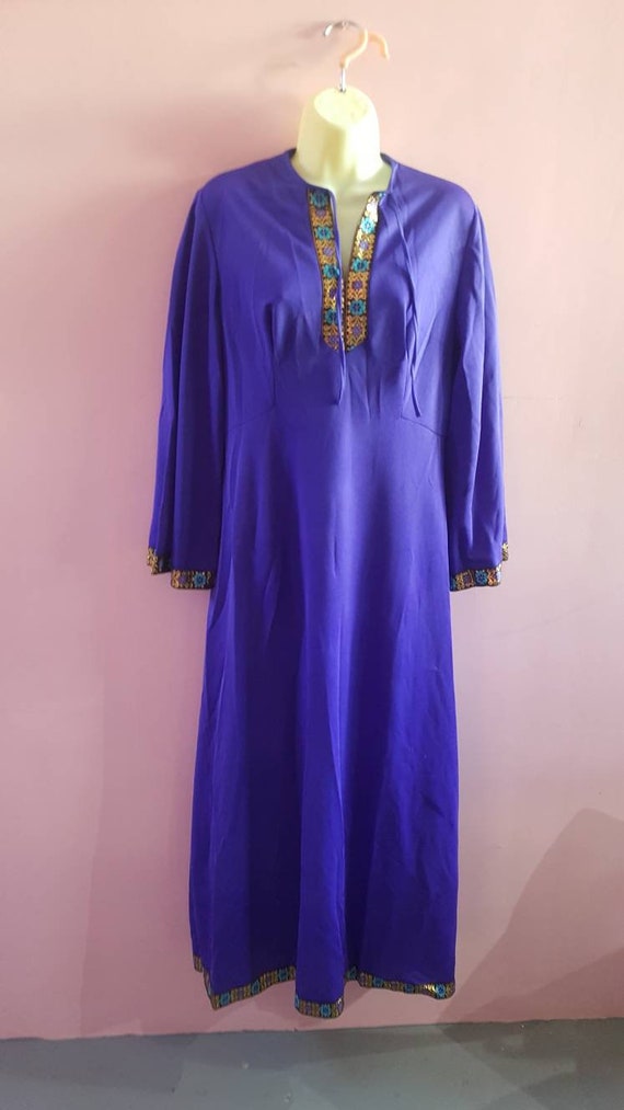 Vintage 1970s Royal Blue Purple Maxi Dress Kaftan… - image 1