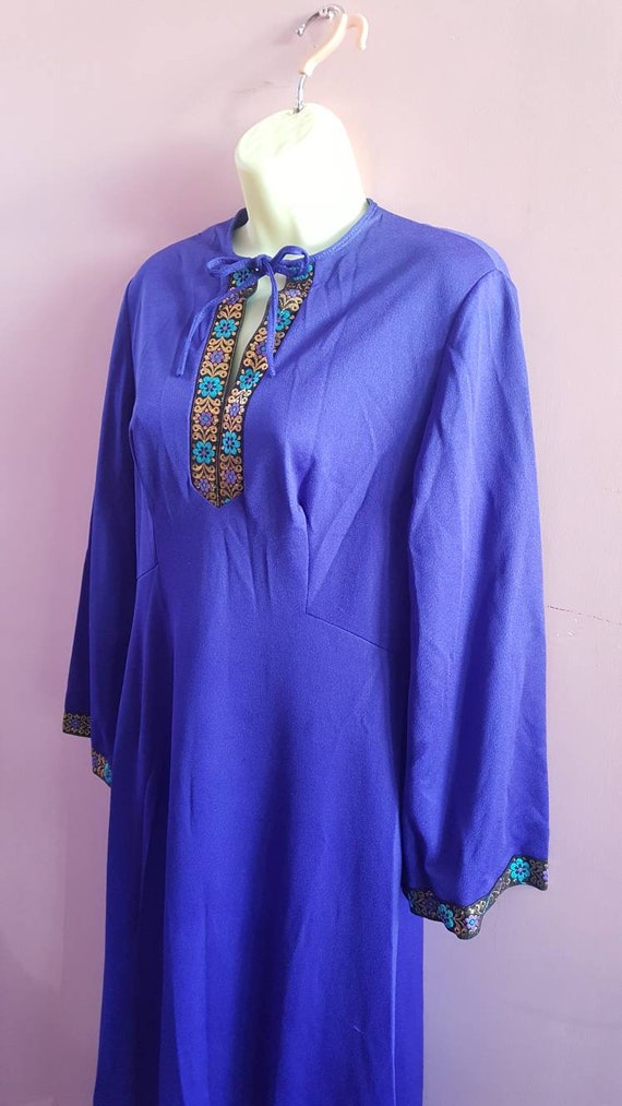Vintage 1970s Royal Blue Purple Maxi Dress Kaftan… - image 5