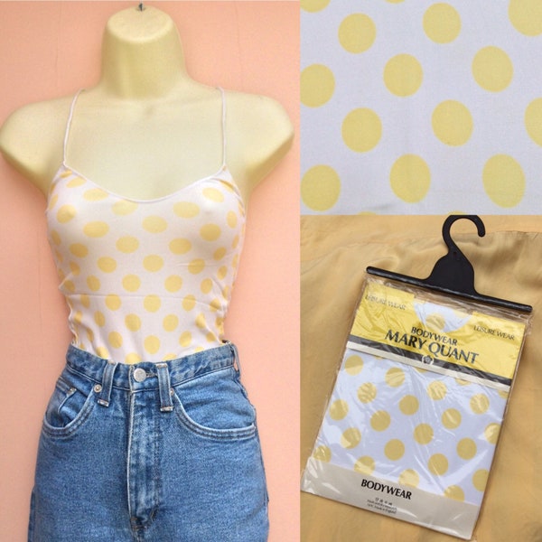 Vintage 1980s Deadstock Mary Quant Yellow White Polka Dot Spot Print Body Suit Stocking Strappy Leotard one size S/M