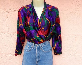 Vintage 1990s 100% Silk Scarf Print Satin Blouse Top Shirt Purple Green Red Gold Baroque US 4 Small