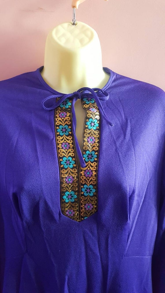 Vintage 1970s Royal Blue Purple Maxi Dress Kaftan… - image 2