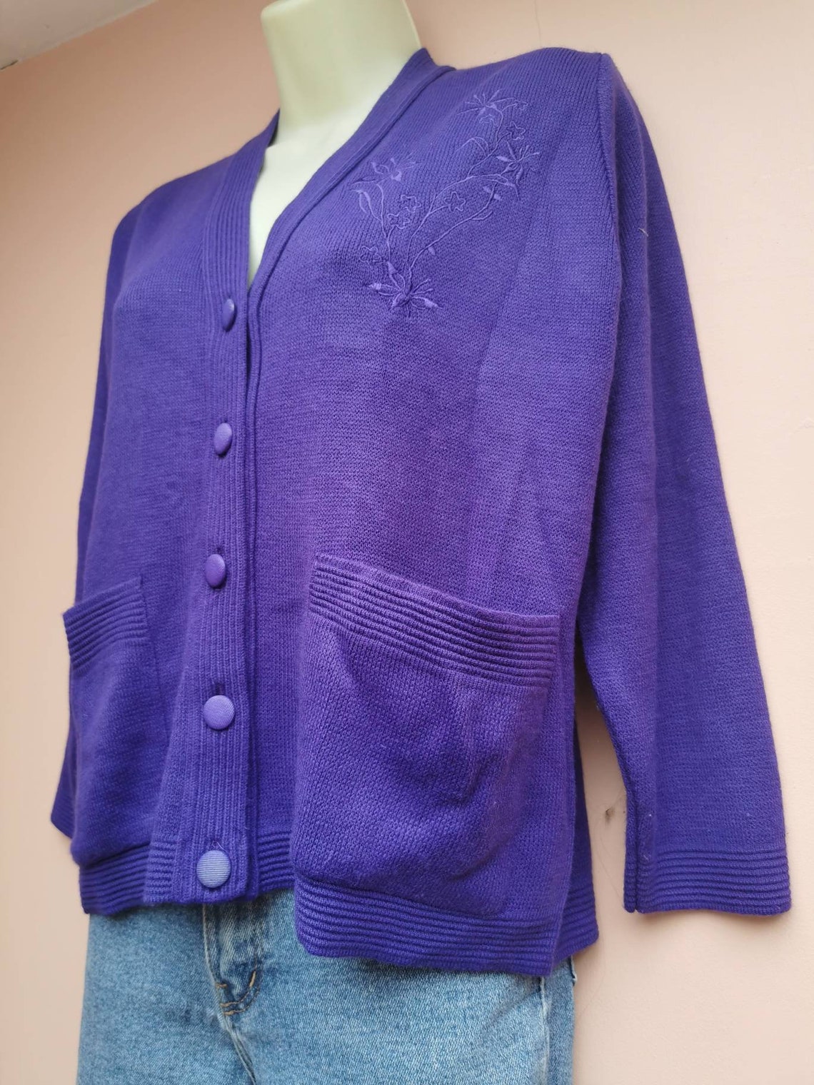 1970s VINTAGE Deep Purple Cardigan With Floral Embroidery and - Etsy UK