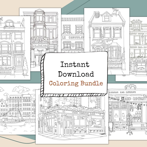 BUNDLE - Printable Colouring Sheet for Adult and Kids, PNG Urban Sketching, Instant Download, Print at Home