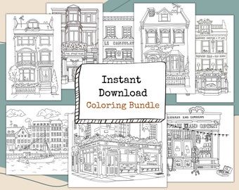 BUNDLE - Printable Colouring Sheet for Adult and Kids, PNG Urban Sketching, Instant Download, Print at Home