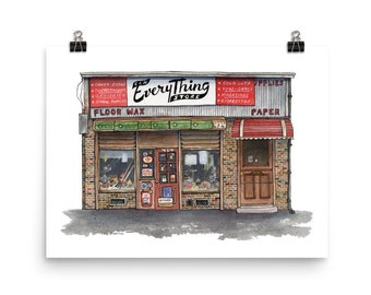 Old New York, Everything Store Art Print, Retro Vintage Buildings Line and Wash Framed Watercolour Art Print, Andie Laf Designs