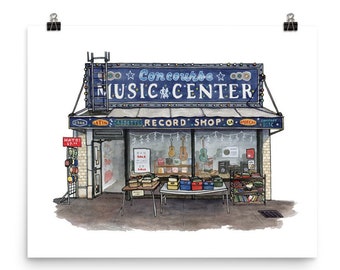 Music Center, Old New York Buildings, Retro Vintage Buildings Line and Wash Framed Watercolour Art Print, Andie Laf Designs