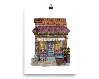 NYC Art, Cafe Regular Coffee Shop Art Print, Line and Wash Framed Watercolour Art Print, Andie Laf Designs