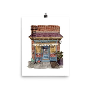 NYC Art, Cafe Regular Coffee Shop Art Print, Line and Wash Framed Watercolour Art Print, Andie Laf Designs