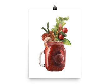 Watercolor Caesar Drink, Bloody Mary Watercolour and Ink, Kitchen Wall Art, Hail Ceasar Canada Cocktail, Art Print, Andie Laf Designs