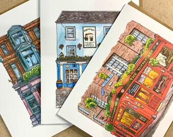 Irish Pubs 3 PACK Irish Pubs Art Card Set Andie Laf Designs Blank Watercolour Art Greeting Card with Kraft Envelope
